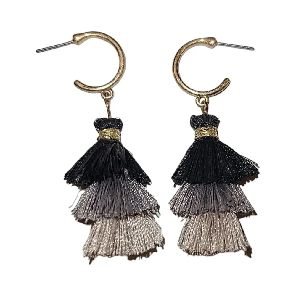 Matte Gold‎ Tone Black & Gray Ombre Triple Tassel Dangle Earrings